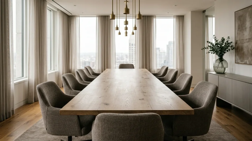 Long White Oak conference table in a refined commercial office with twelve upholstered chairs — Fargo Woodworks