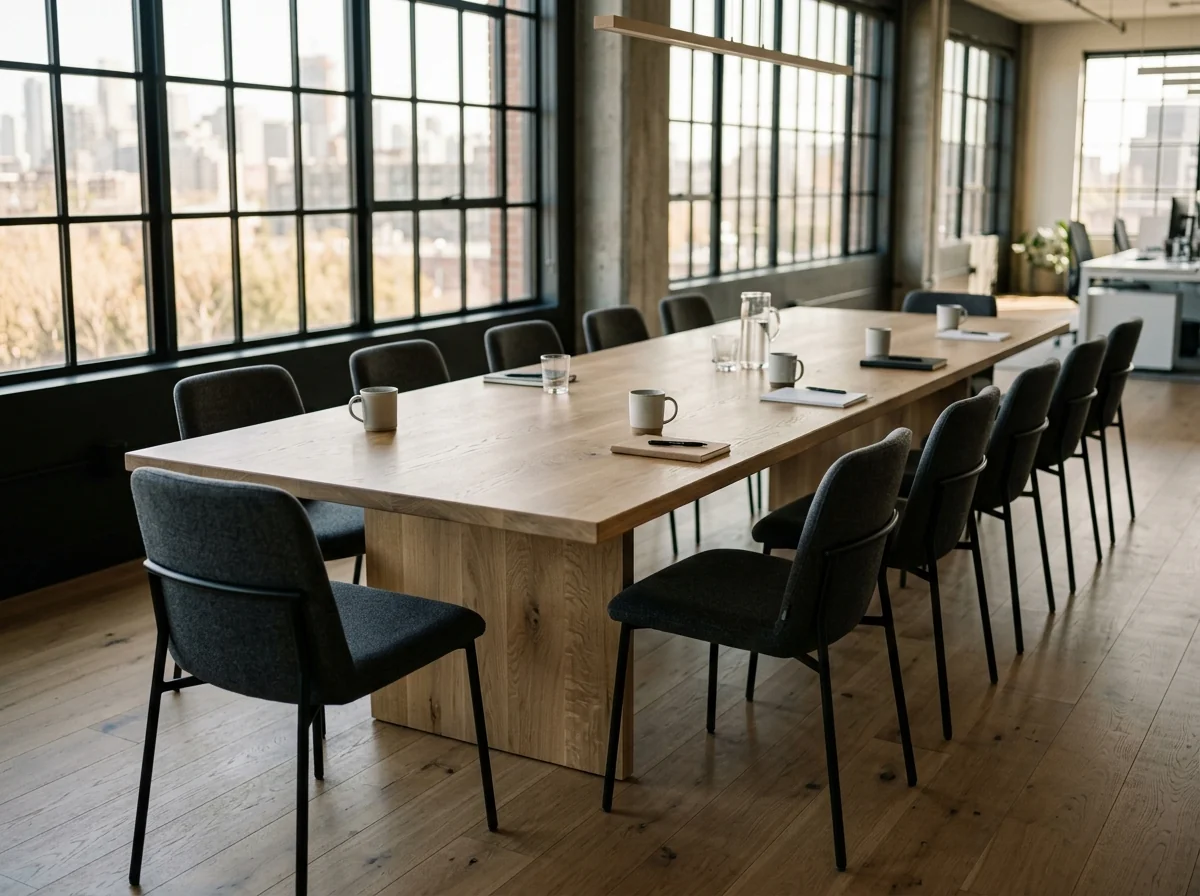Long White Oak conference table with twelve modern chairs in a contemporary office — Fargo Woodworks