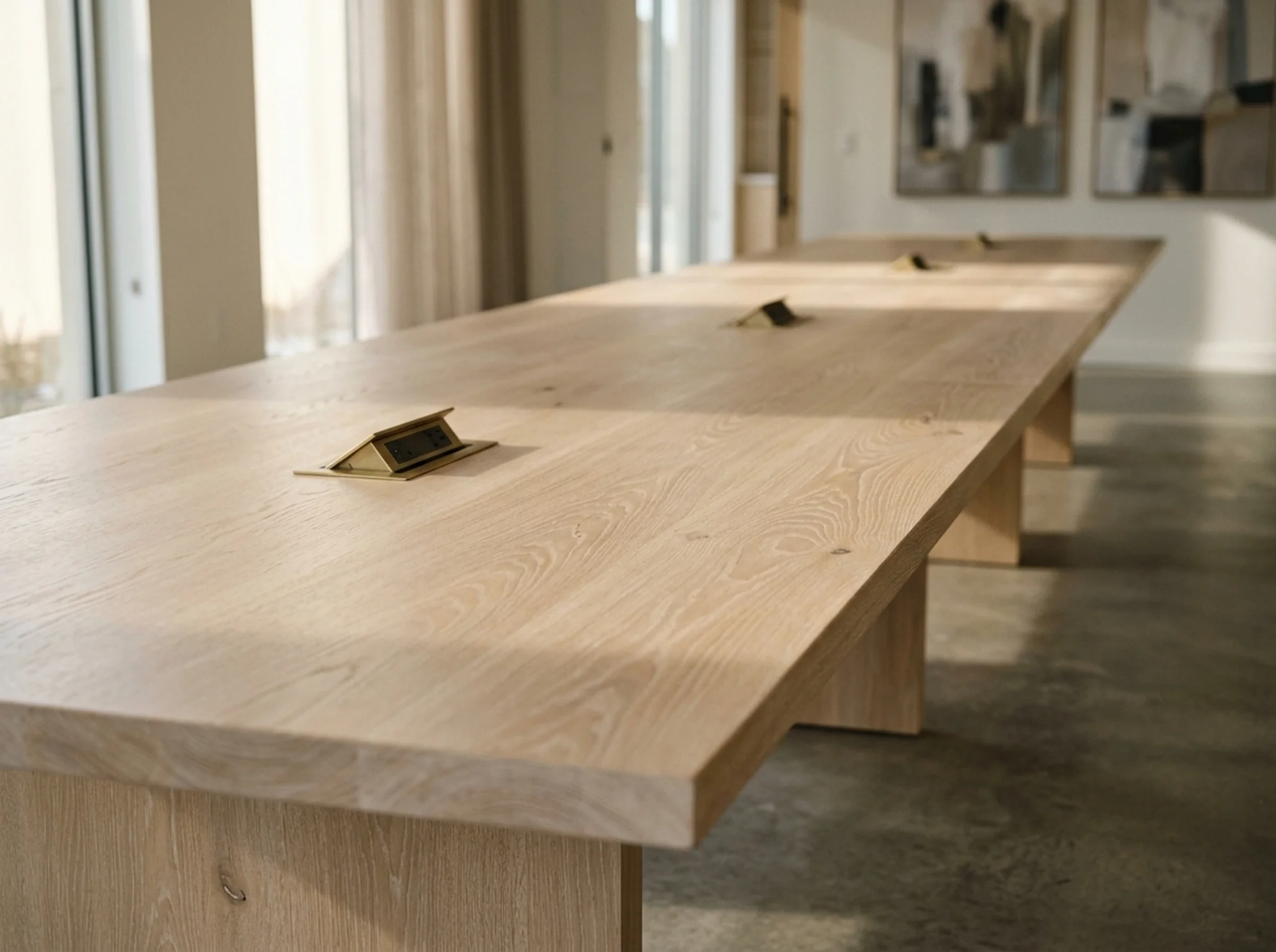 Long White Oak Cotton White conference table with discreet brushed-brass pop-up power modules — Fargo Woodworks