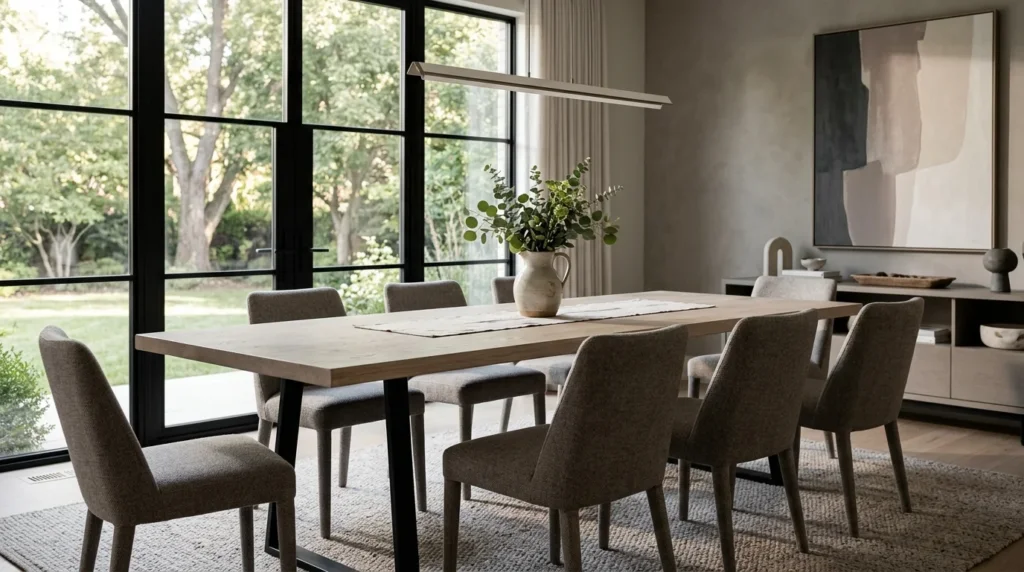 Long White Oak Cotton White dining table with sleek black trapezoid legs — Fargo Woodworks