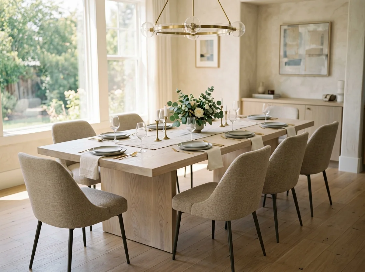 Long White Oak Cotton White dining table for ten in a bright contemporary dining room — Fargo Woodworks