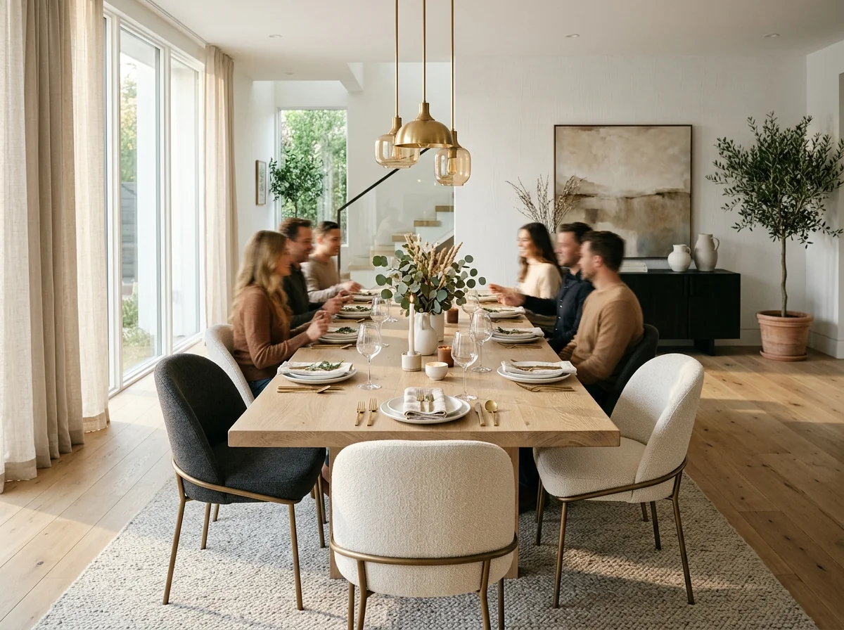 Long White Oak Cotton White dining table for ten in a bright contemporary dining room — Fargo Woodworks