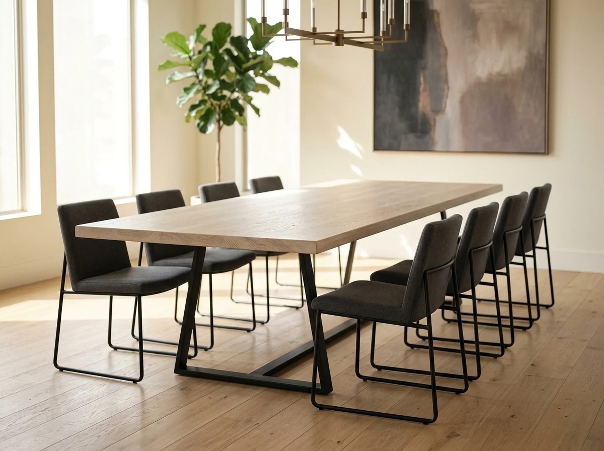 Long White Oak Cotton White rectangular dining table with sleek black trapezoid steel base — Fargo Woodworks