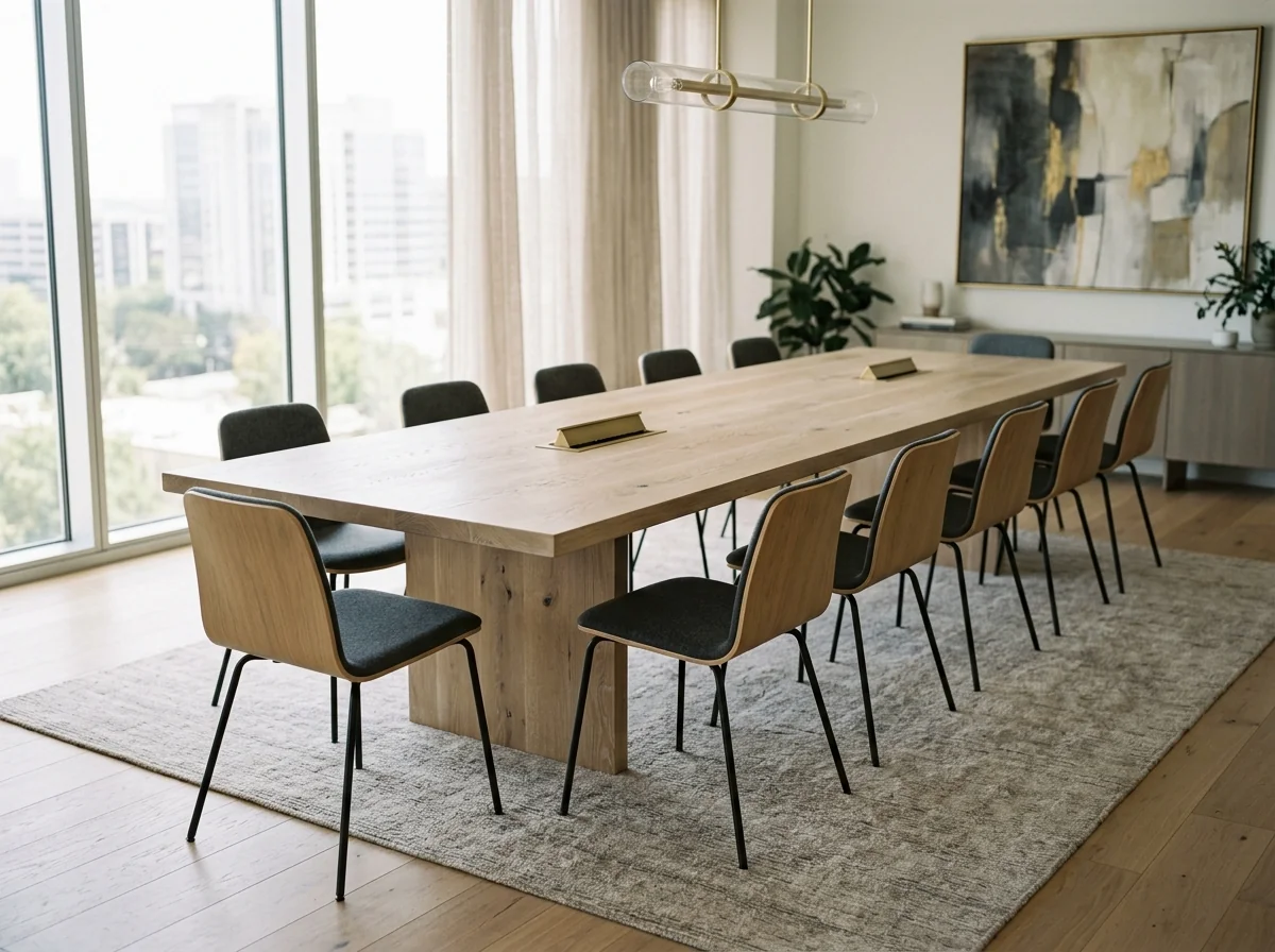 Long White Oak Cotton White training room table with discreet brushed-brass pop-up power modules — Fargo Woodworks