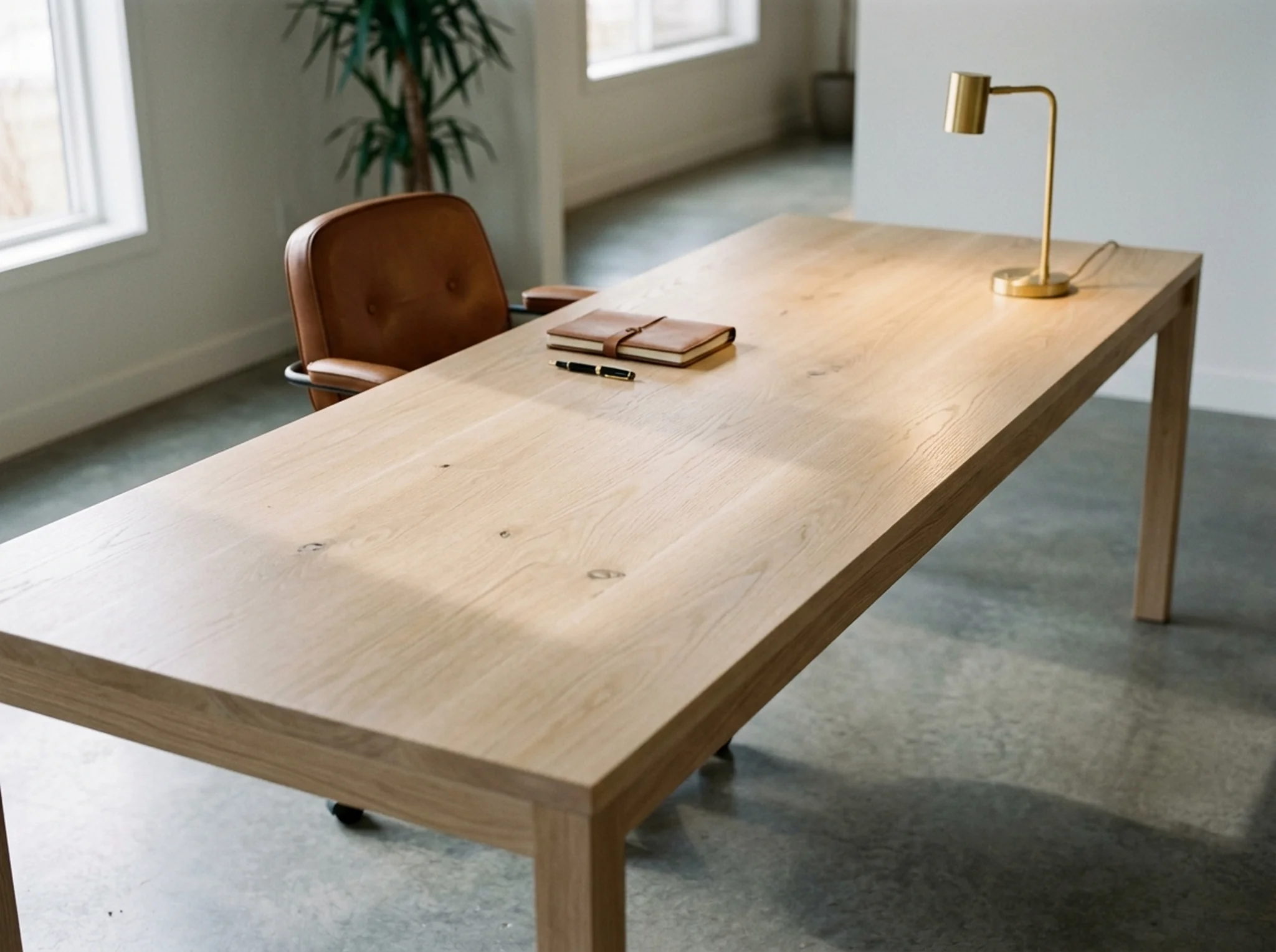Long White Oak Cotton White work table in a bright open-plan home office — Fargo Woodworks