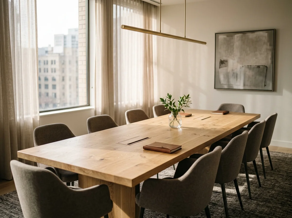 Long White Oak Rubio Natural conference table with discreet inline power modules — Fargo Woodworks