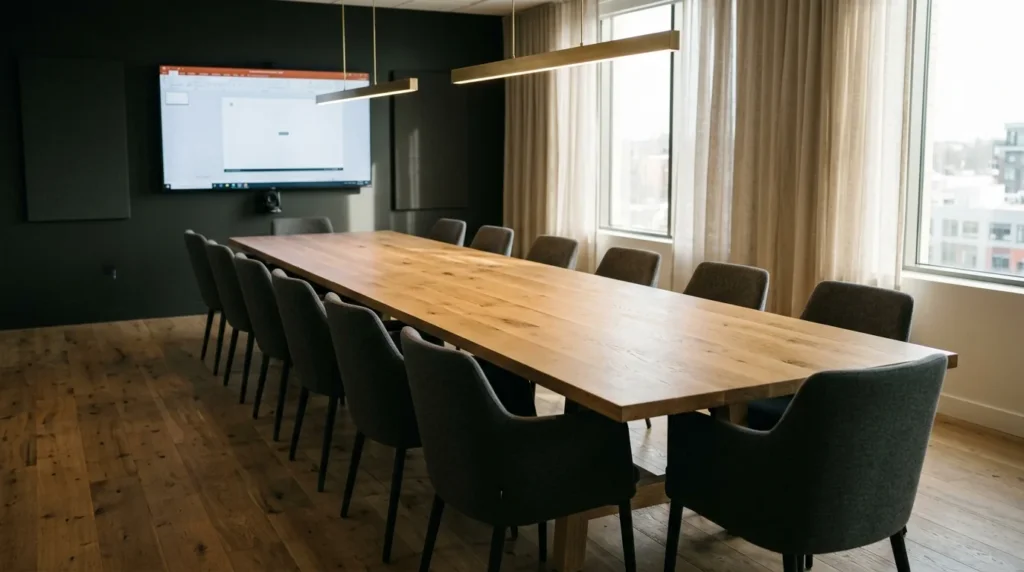Long White Oak Rubio Natural conference table for sixteen in a corporate training room — Fargo Woodworks