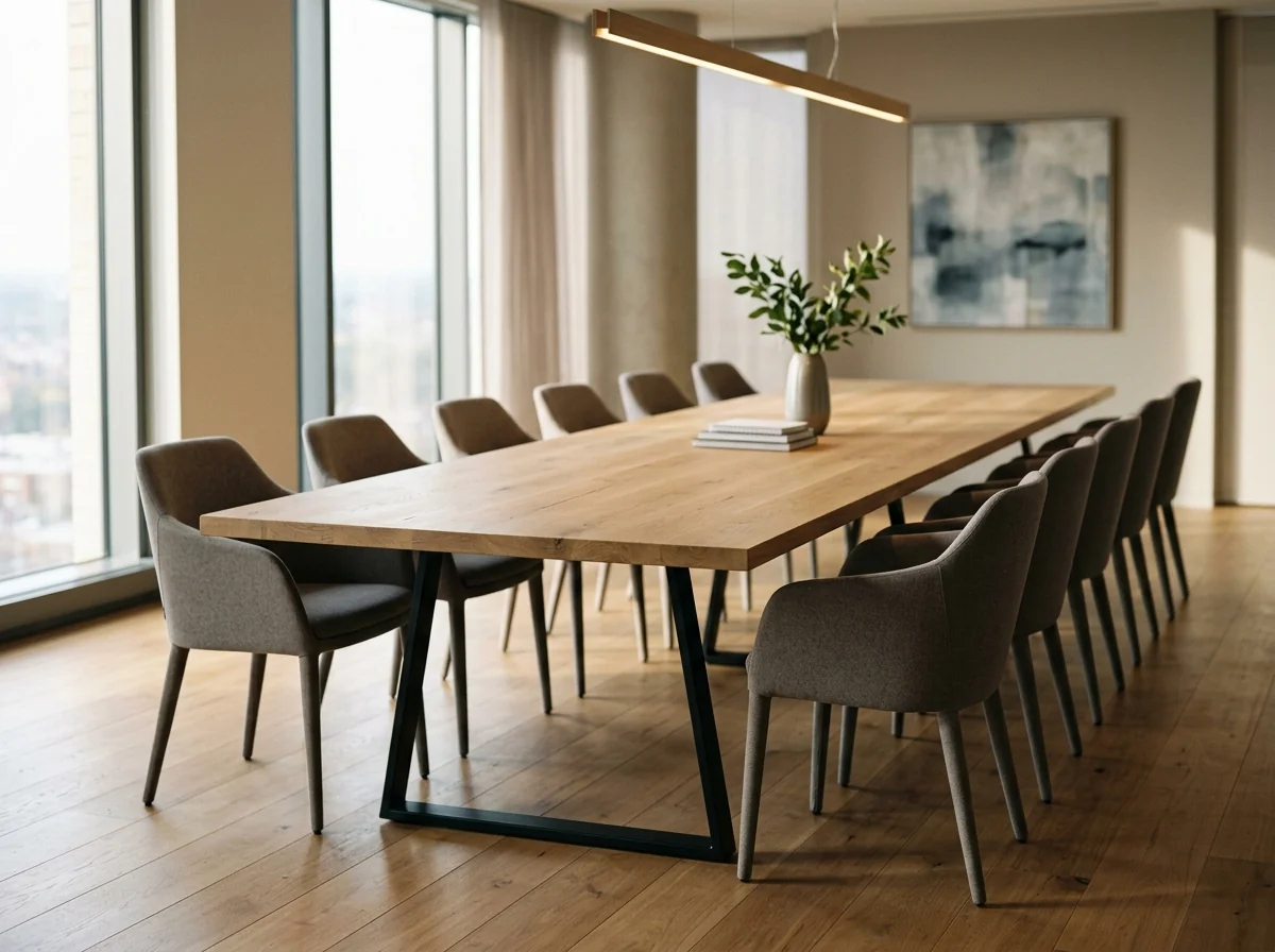 Long White Oak Rubio Natural conference table with sleek black trapezoid steel base — Fargo Woodworks