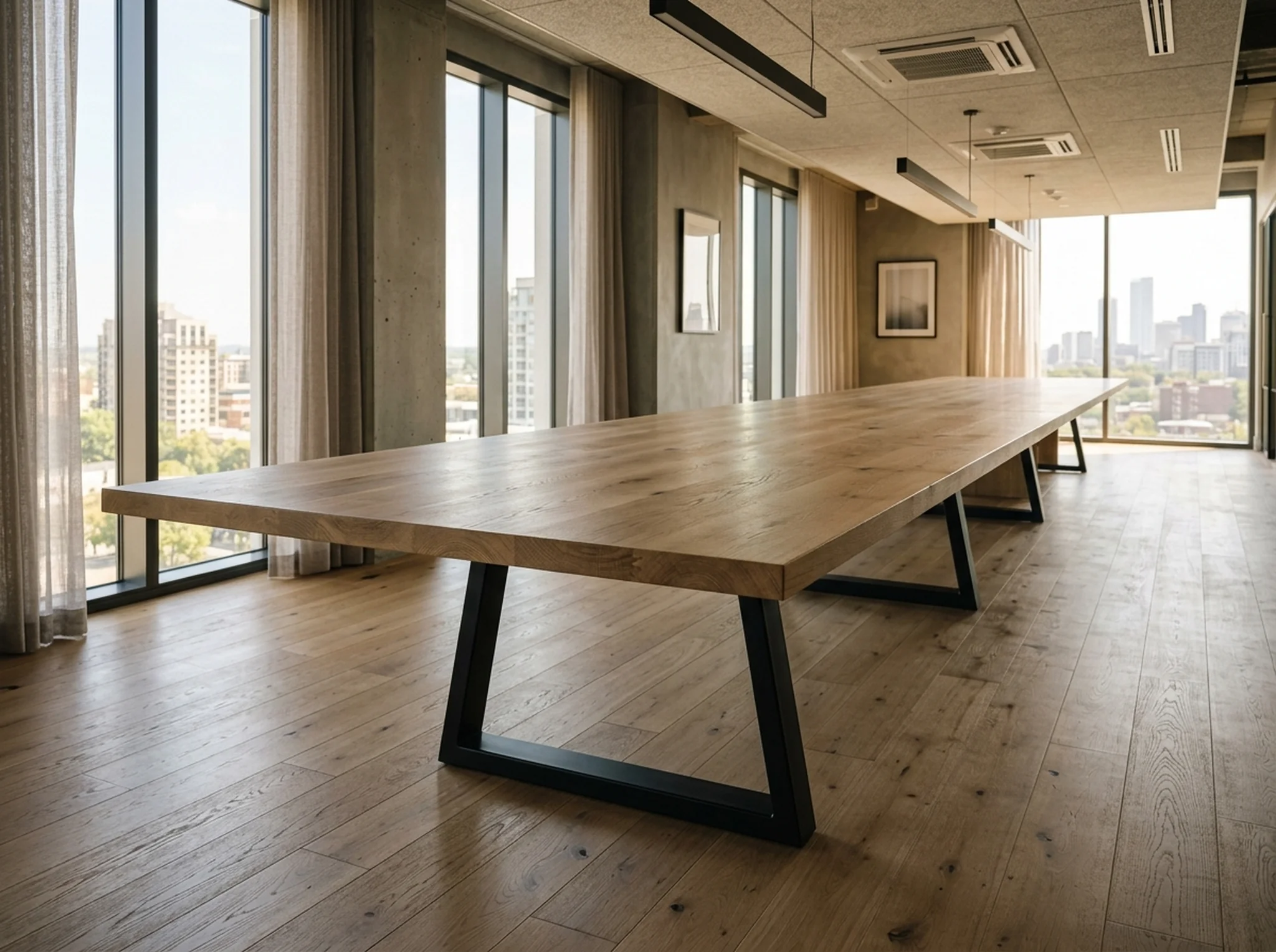 Long White Oak Rubio Natural conference table with sleek black trapezoid steel base in a contemporary boardroom — Fargo Woodworks