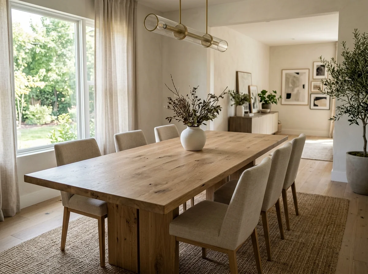 Long White Oak Rubio Natural dining table for eight in a sunlit modern dining room — Fargo Woodworks