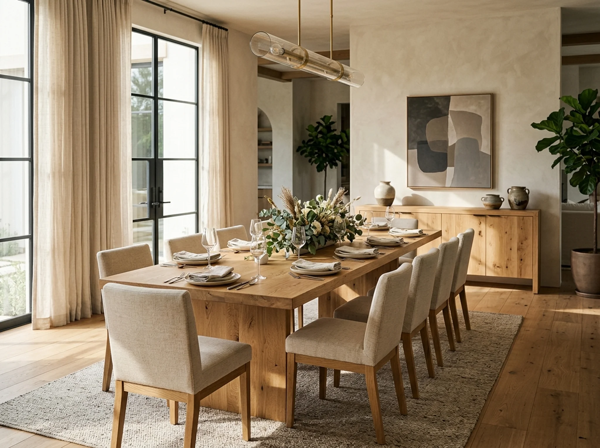 Long White Oak Rubio Natural dining table for ten with matching sideboard — Fargo Woodworks