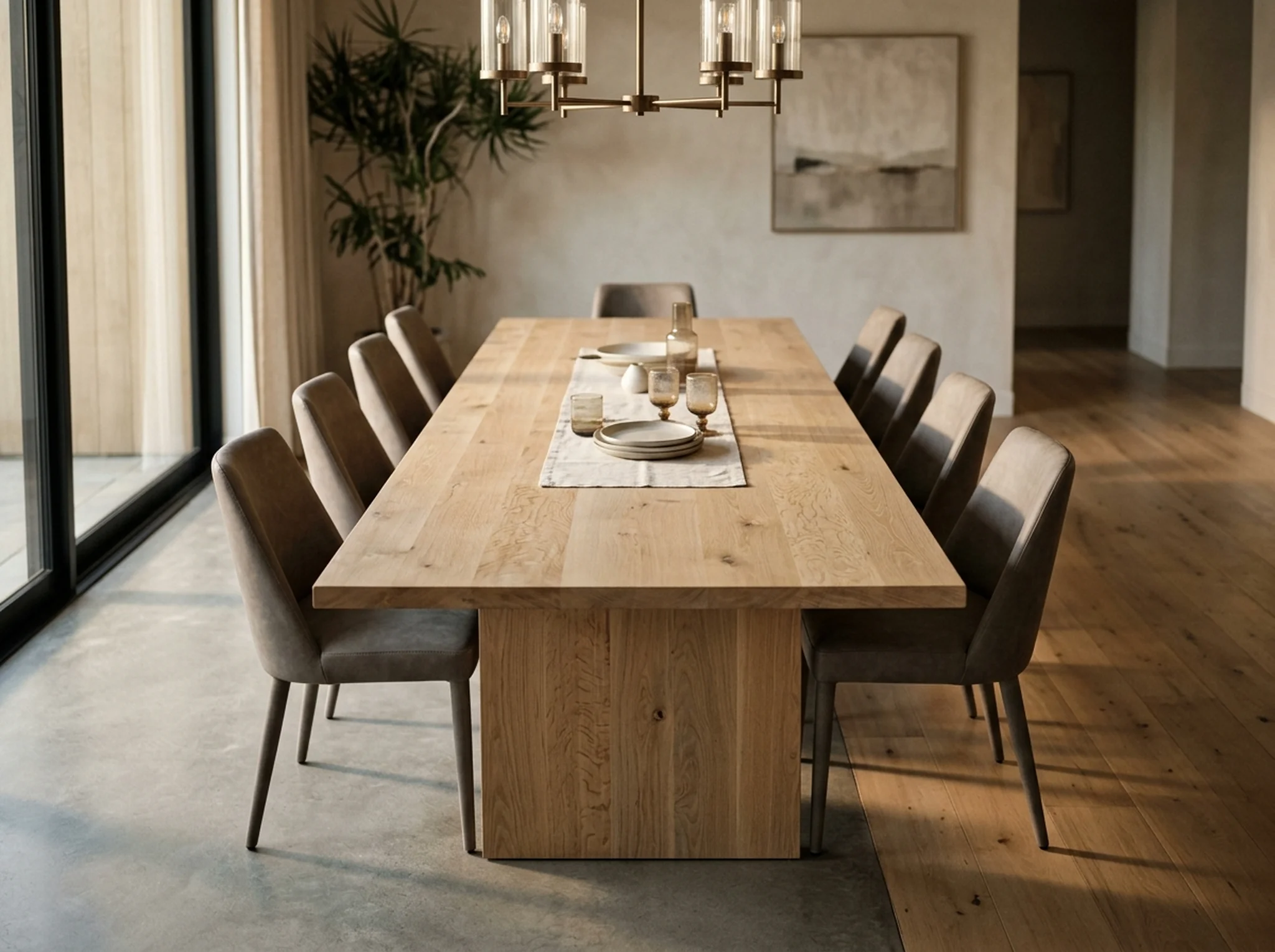 Long White Oak Rubio Natural rectangular dining table for ten in a contemporary dining room — Fargo Woodworks