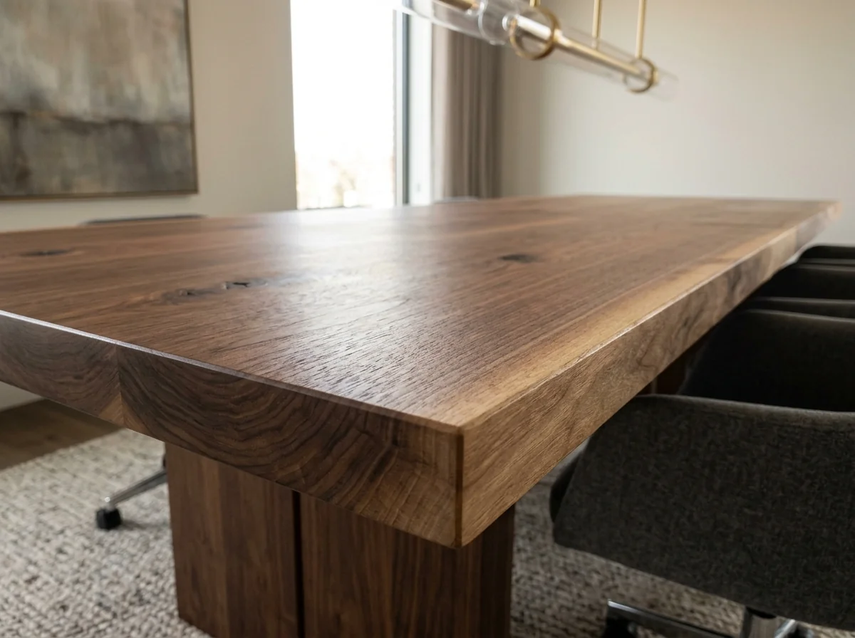 Macro close-up of a Black Walnut conference table edge with hand-rubbed clear oil finish — Fargo Woodworks