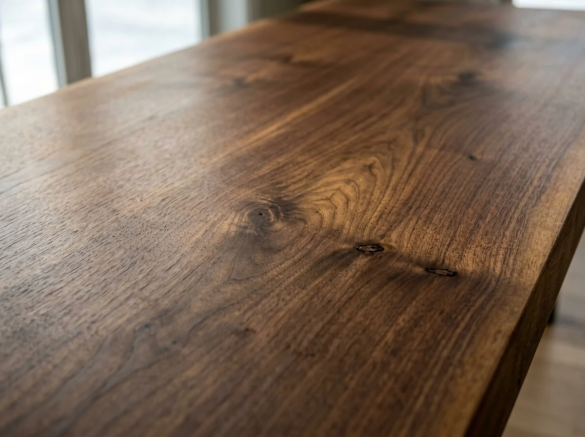 Macro close-up of Black Walnut grain with hand-rubbed clear oil finish and character knots — Fargo Woodworks