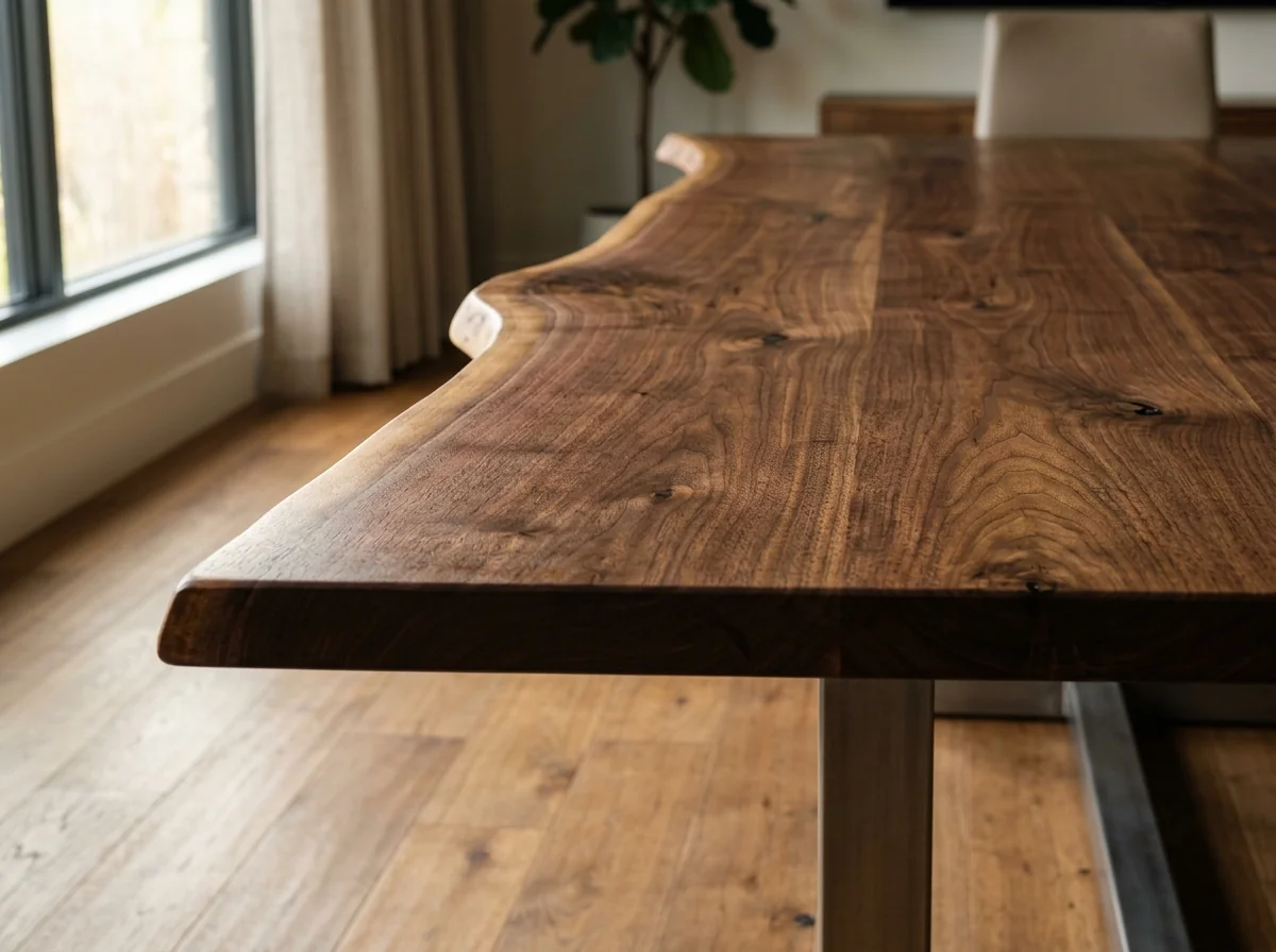 Macro close-up of a Black Walnut LIVE EDGE conference table edge with naturally irregular asymmetric profile — Fargo Woodworks