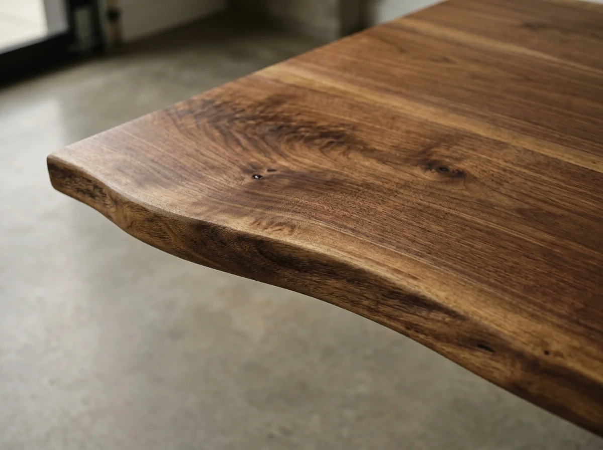 Macro close-up of a Black Walnut LIVE EDGE dining tabletop profile — Fargo Woodworks