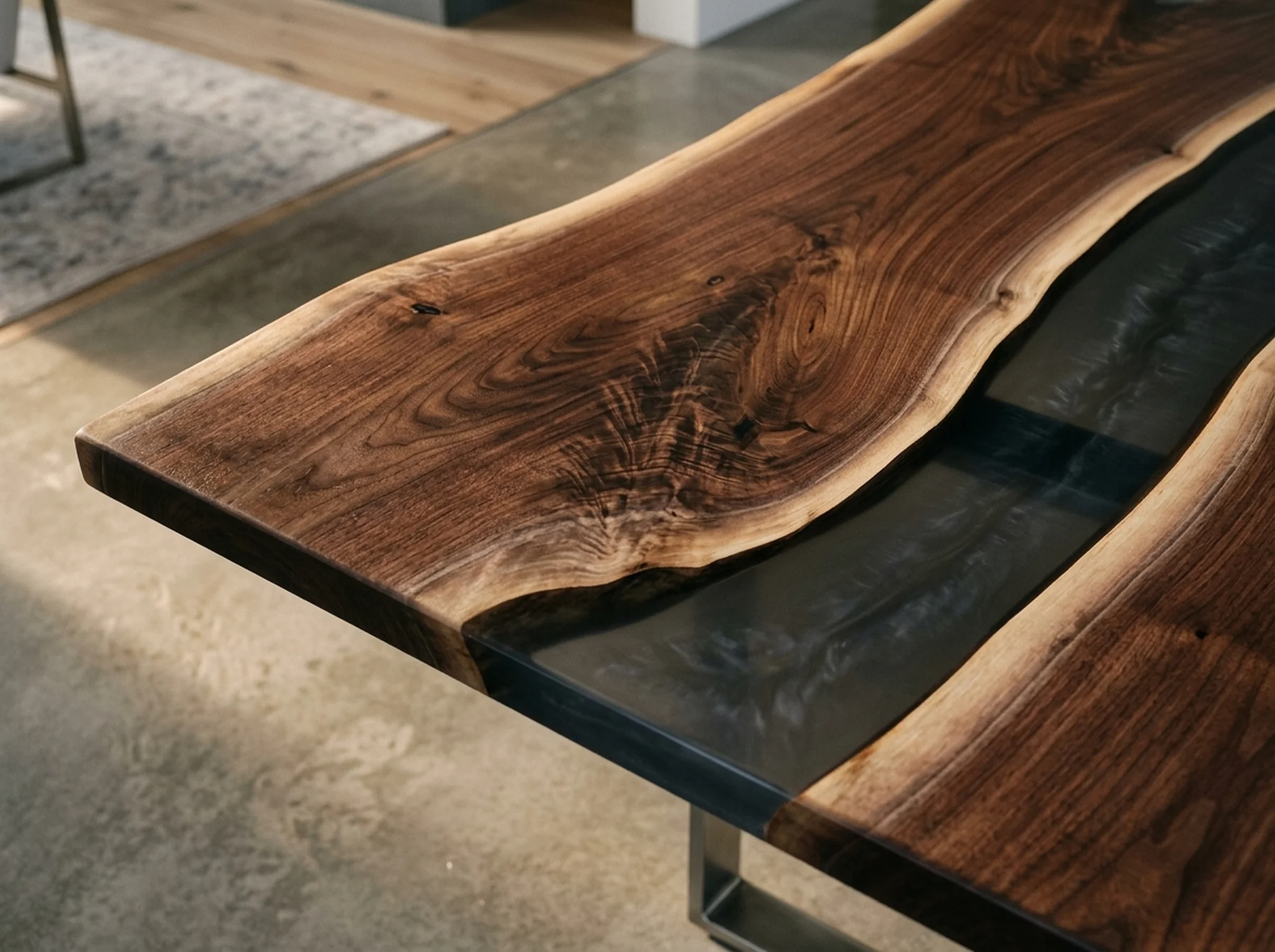 Macro close-up of a Black Walnut LIVE EDGE epoxy river tabletop with naturally irregular edges — Fargo Woodworks
