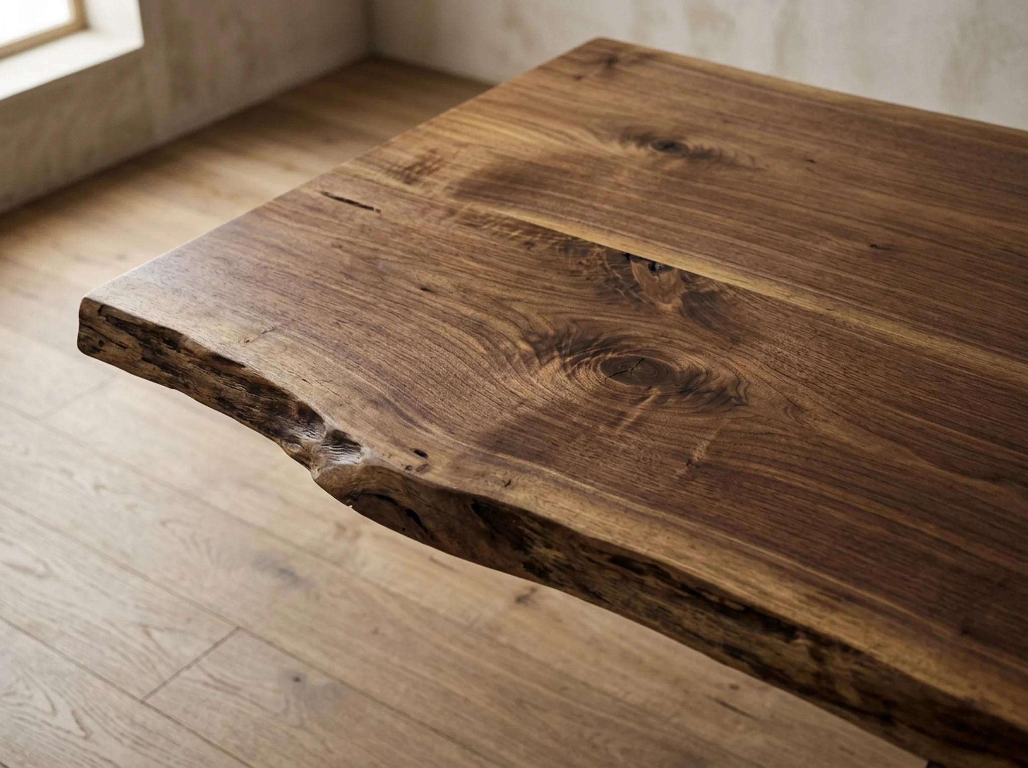 Macro close-up of a Black Walnut slab tabletop showing rich grain and naturally irregular live edge — Fargo Woodworks