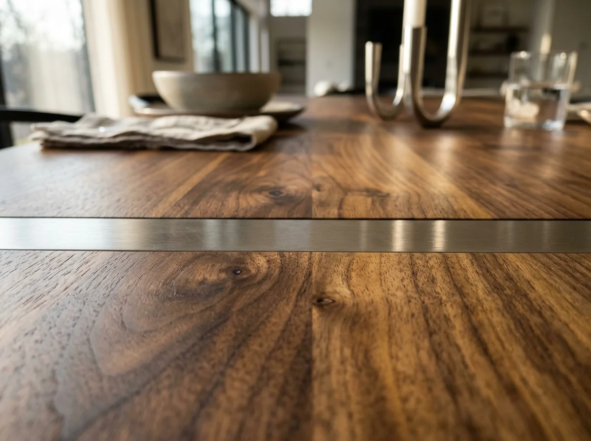 Macro close-up of a contemporary tabletop showing Black Walnut grain and brushed steel inlay — Fargo Woodworks