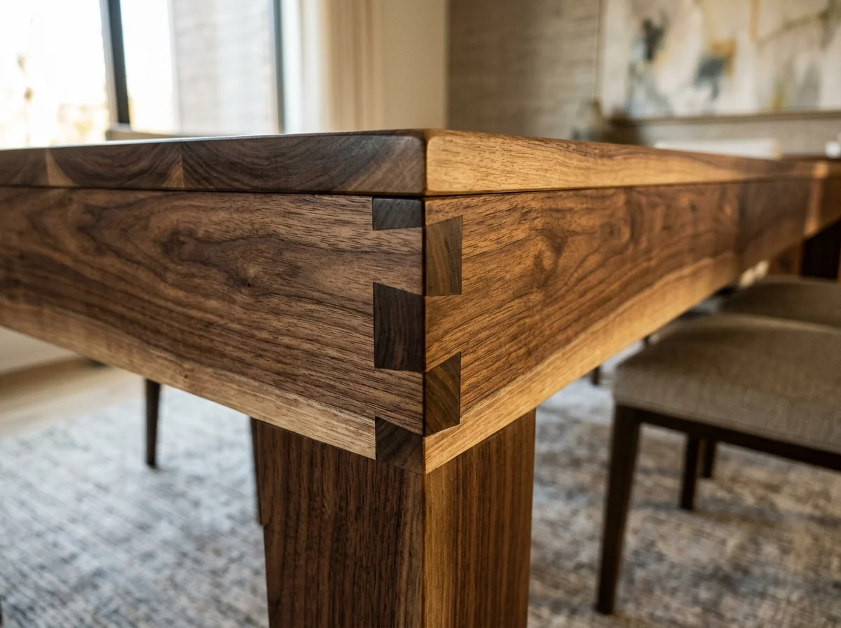 Macro close-up of dovetail joinery on a Black Walnut dining table corner — Fargo Woodworks