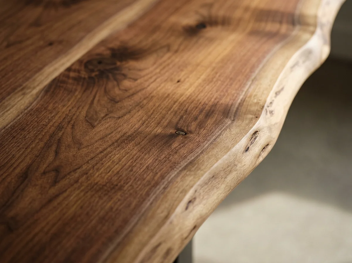 Macro close-up of a finished Black Walnut live edge with naturally irregular asymmetric profile — Fargo Woodworks