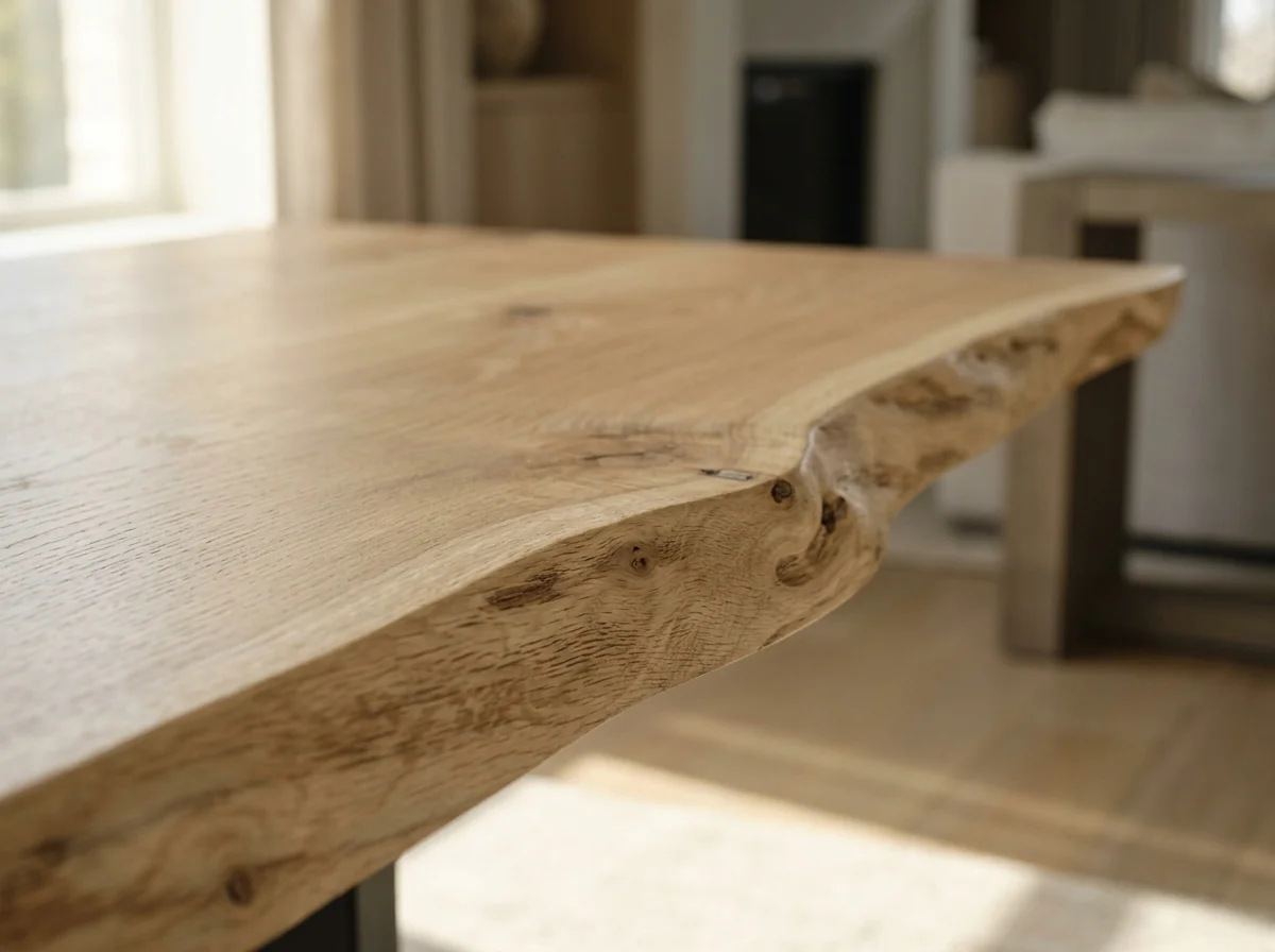 Macro close-up of the smooth sanded live edge of a finished White Oak slab tabletop — Fargo Woodworks