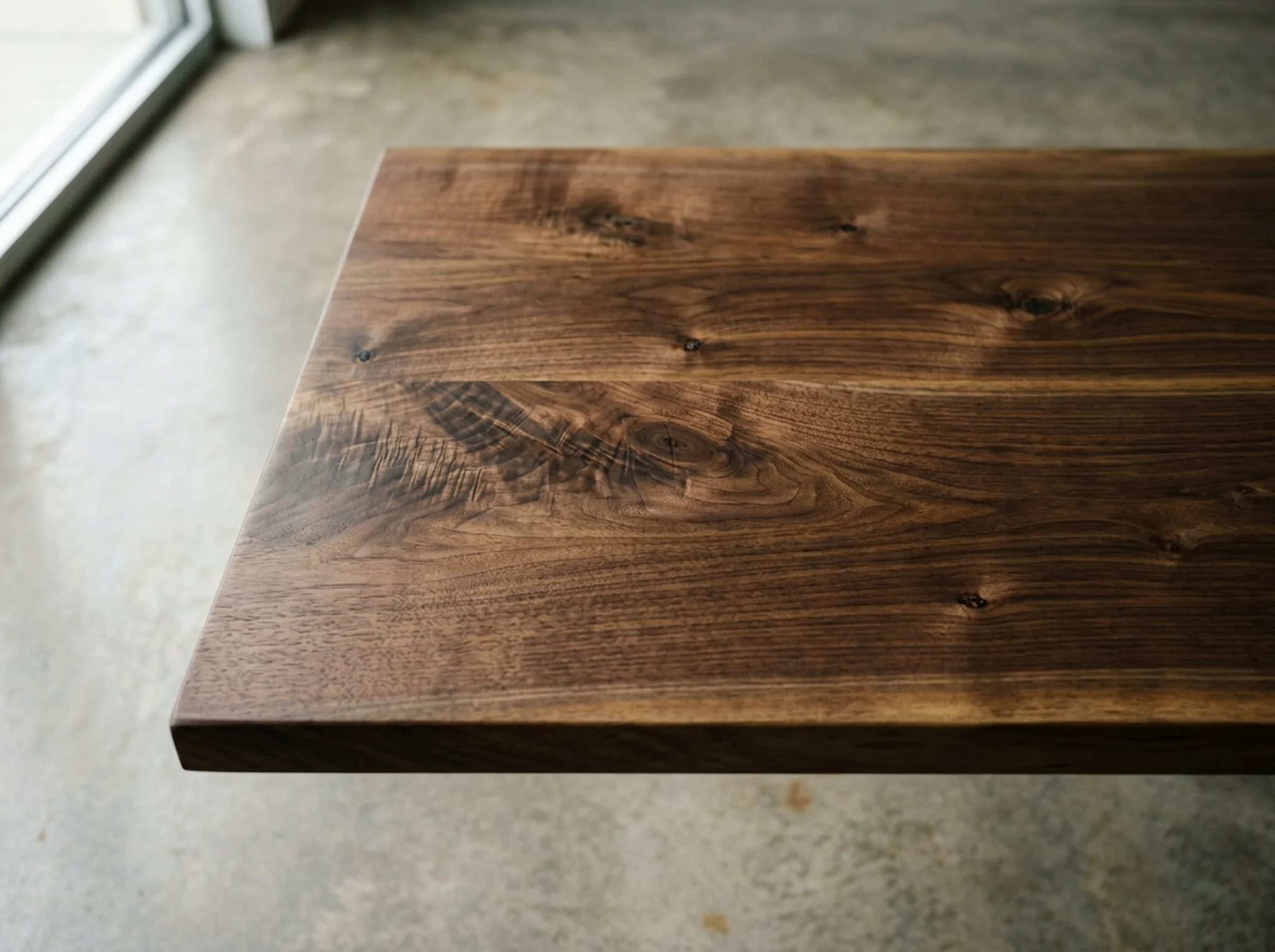 Macro close-up of solid Black Walnut tree slab grain with hand-rubbed oil finish — Fargo Woodworks