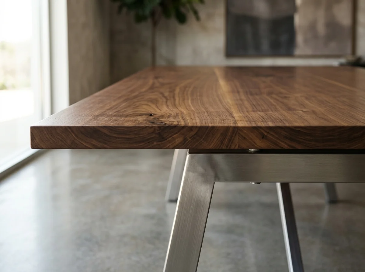 Macro detail of Black Walnut conference table edge meeting a brushed-steel A-frame leg — material contrast — Fargo Woodworks
