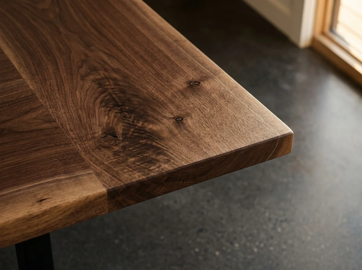 Macro detail of a Black Walnut tabletop edge with hand-rubbed clear oil finish — Fargo Woodworks