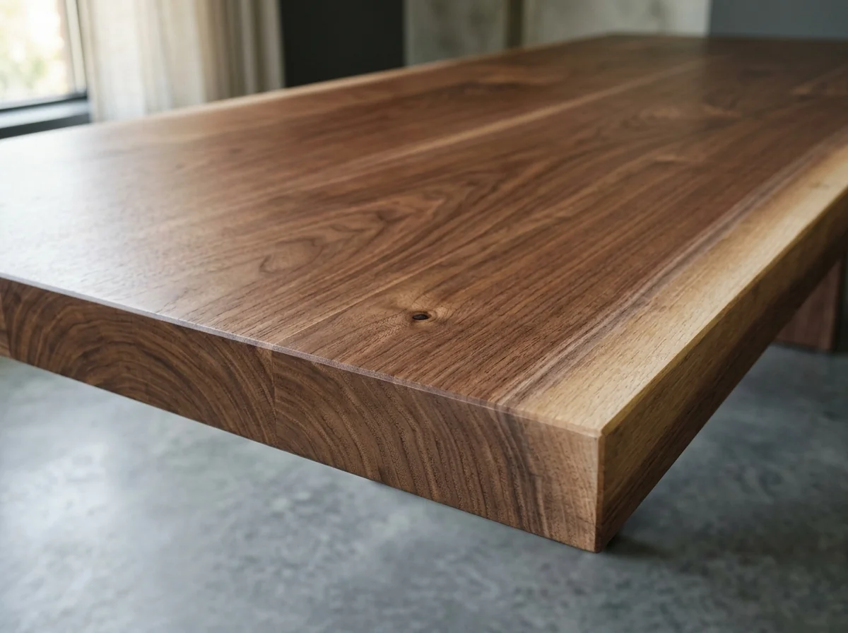 Macro detail of book-matched grain on a Black Walnut conference table edge — Fargo Woodworks