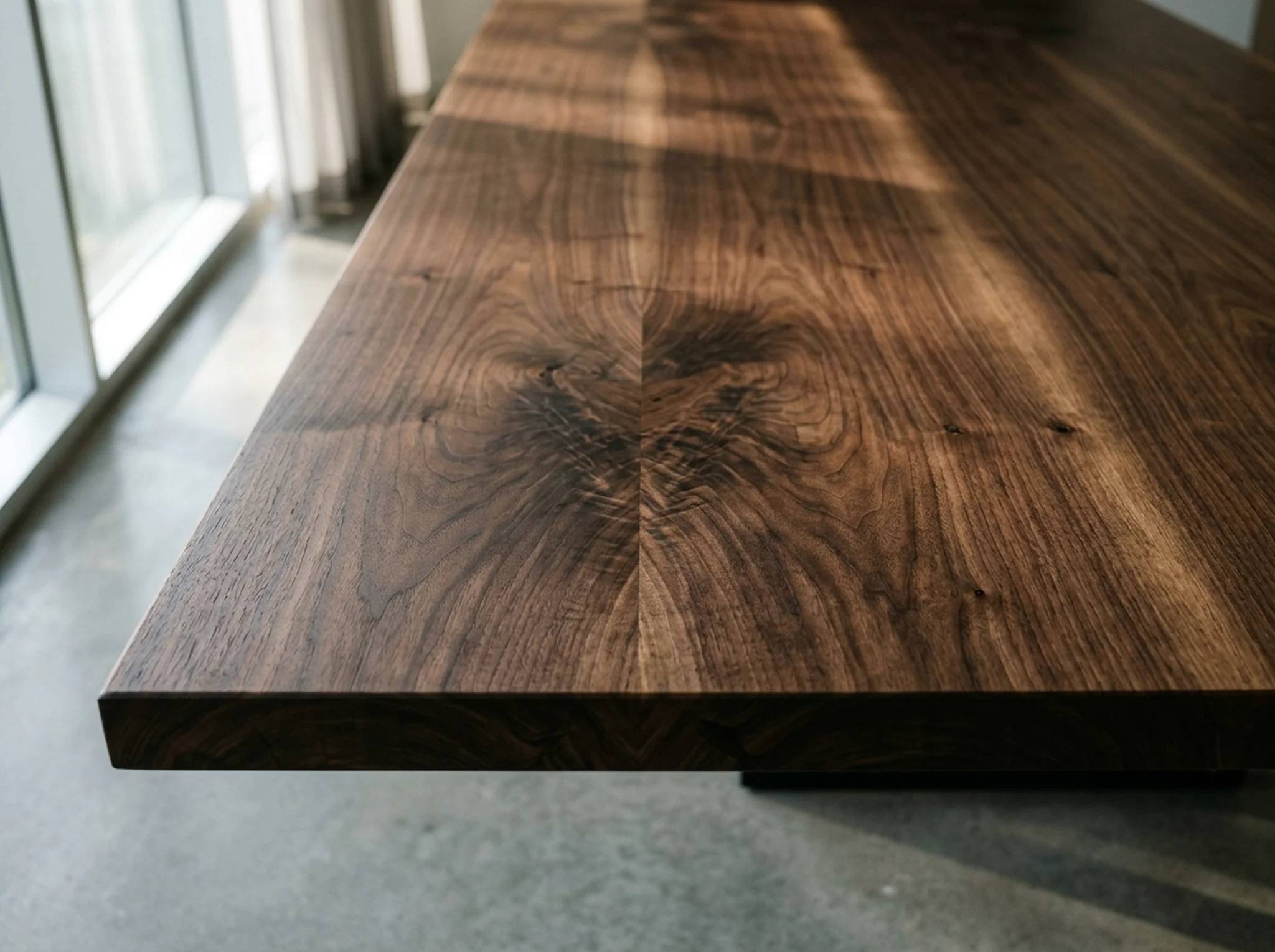 Macro detail of book-matched grain on a Black Walnut conference table edge — Fargo Woodworks