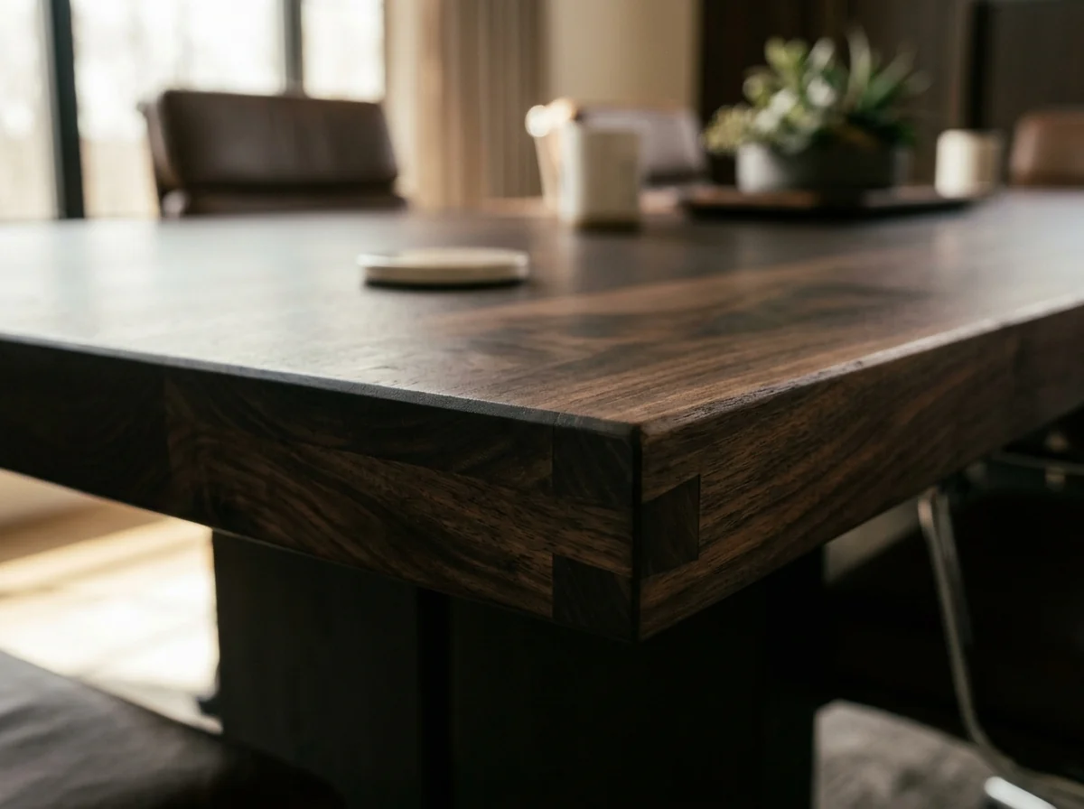 Macro detail of book-matched grain on a Black Walnut Rubio Black conference table edge — Fargo Woodworks