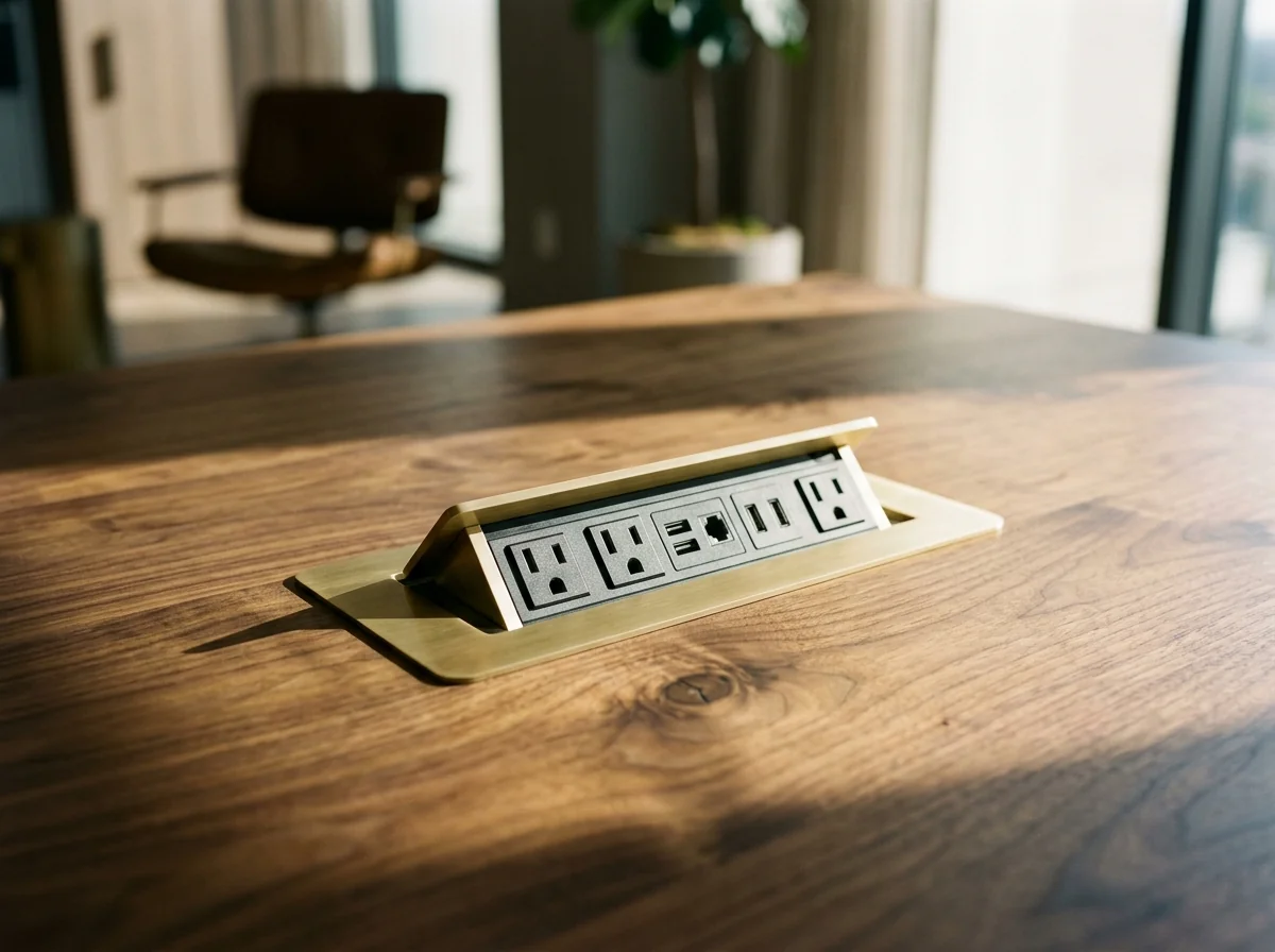 Macro detail of a brushed-brass pop-up power module flush in a Black Walnut conference table — Fargo Woodworks