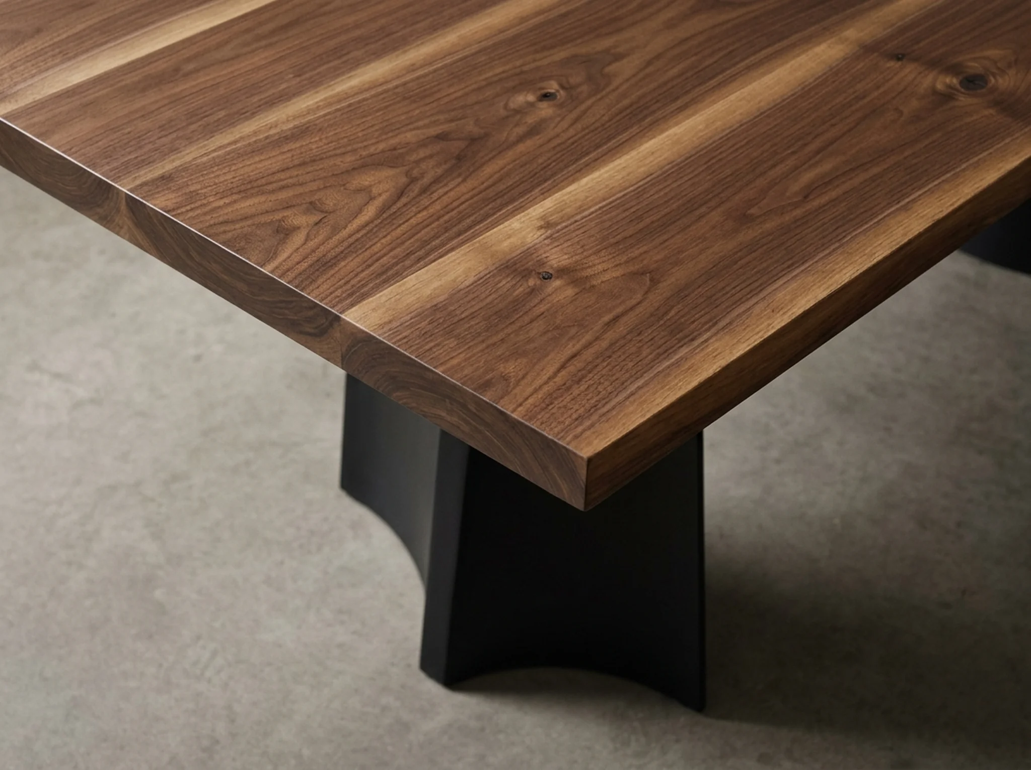 Macro detail of a counter-height Black Walnut tabletop edge meeting a sculptural blackened-steel base — Fargo Woodworks