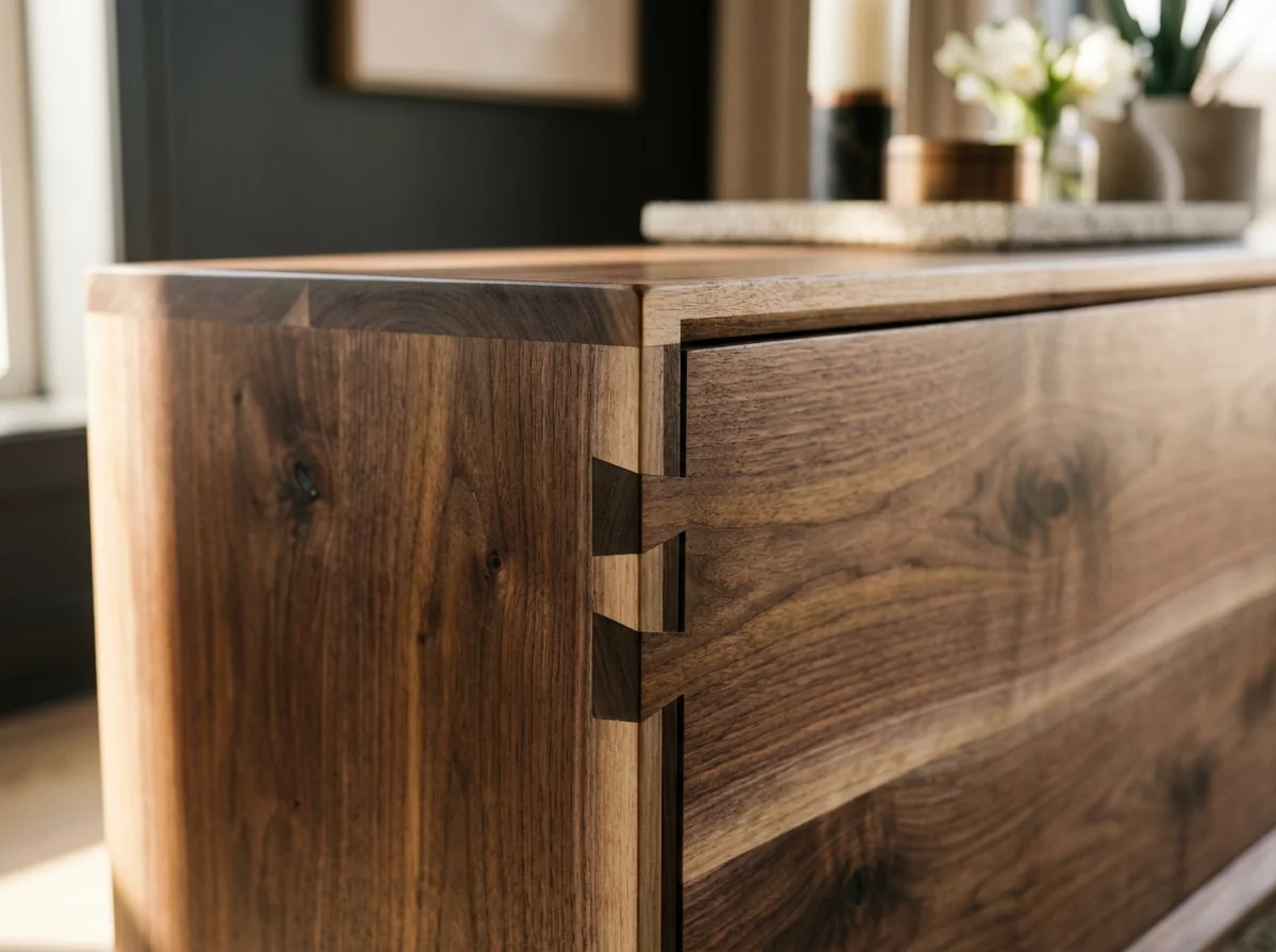 Macro detail of dovetail joinery on a Black Walnut credenza corner — Fargo Woodworks