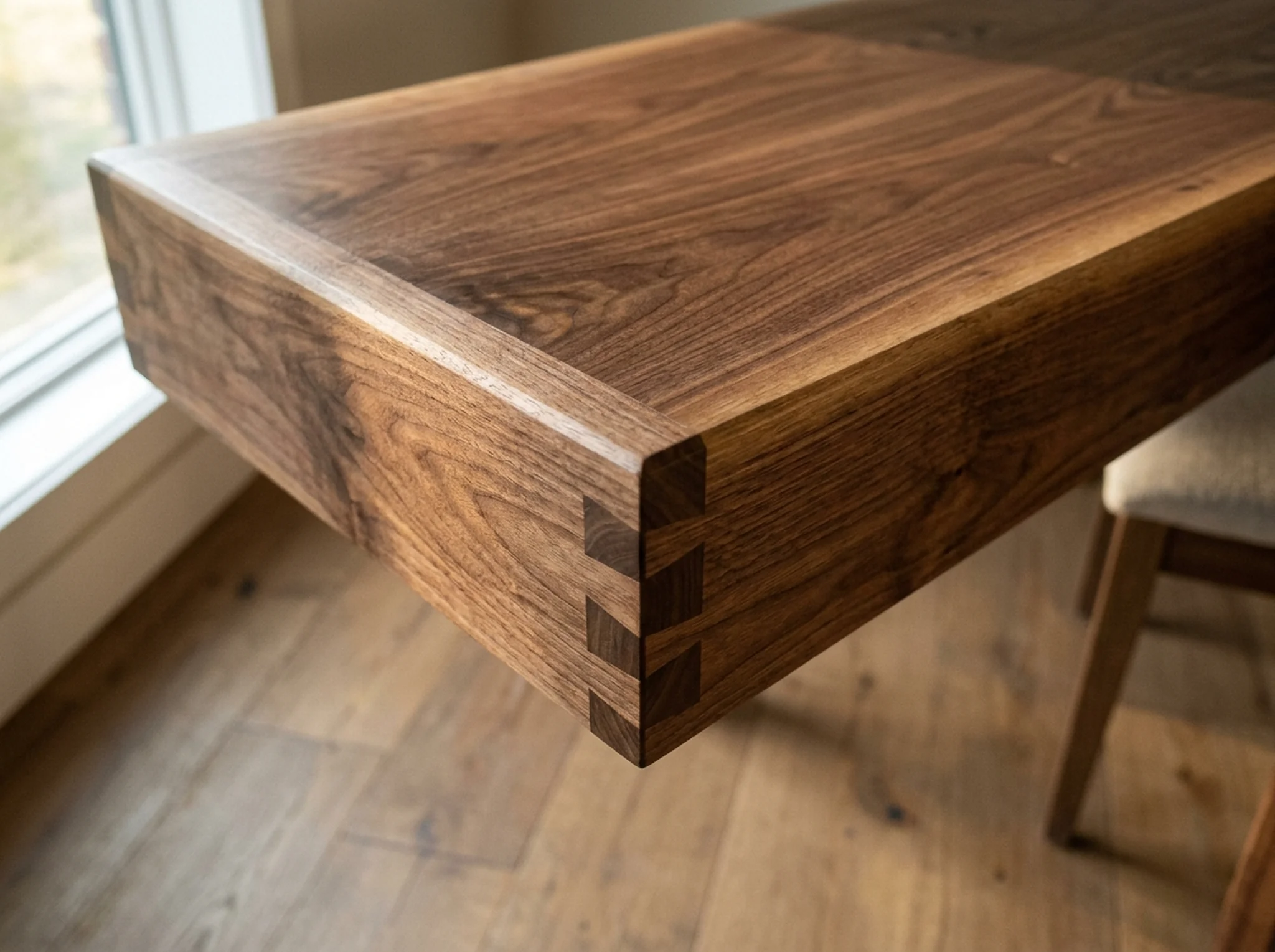 Macro detail of dovetail joinery on a Black Walnut dining table corner — Fargo Woodworks