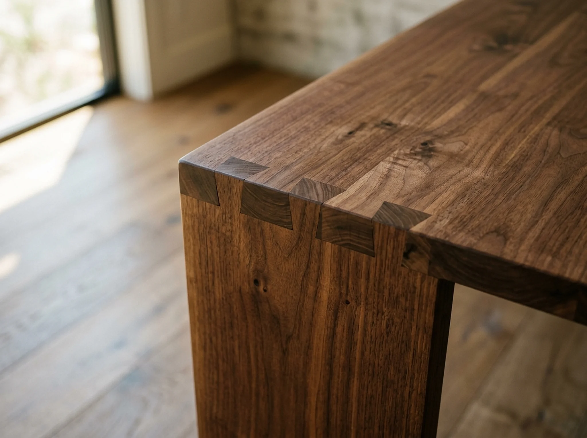 Macro detail of dovetail joinery on a Black Walnut office desk corner — Fargo Woodworks