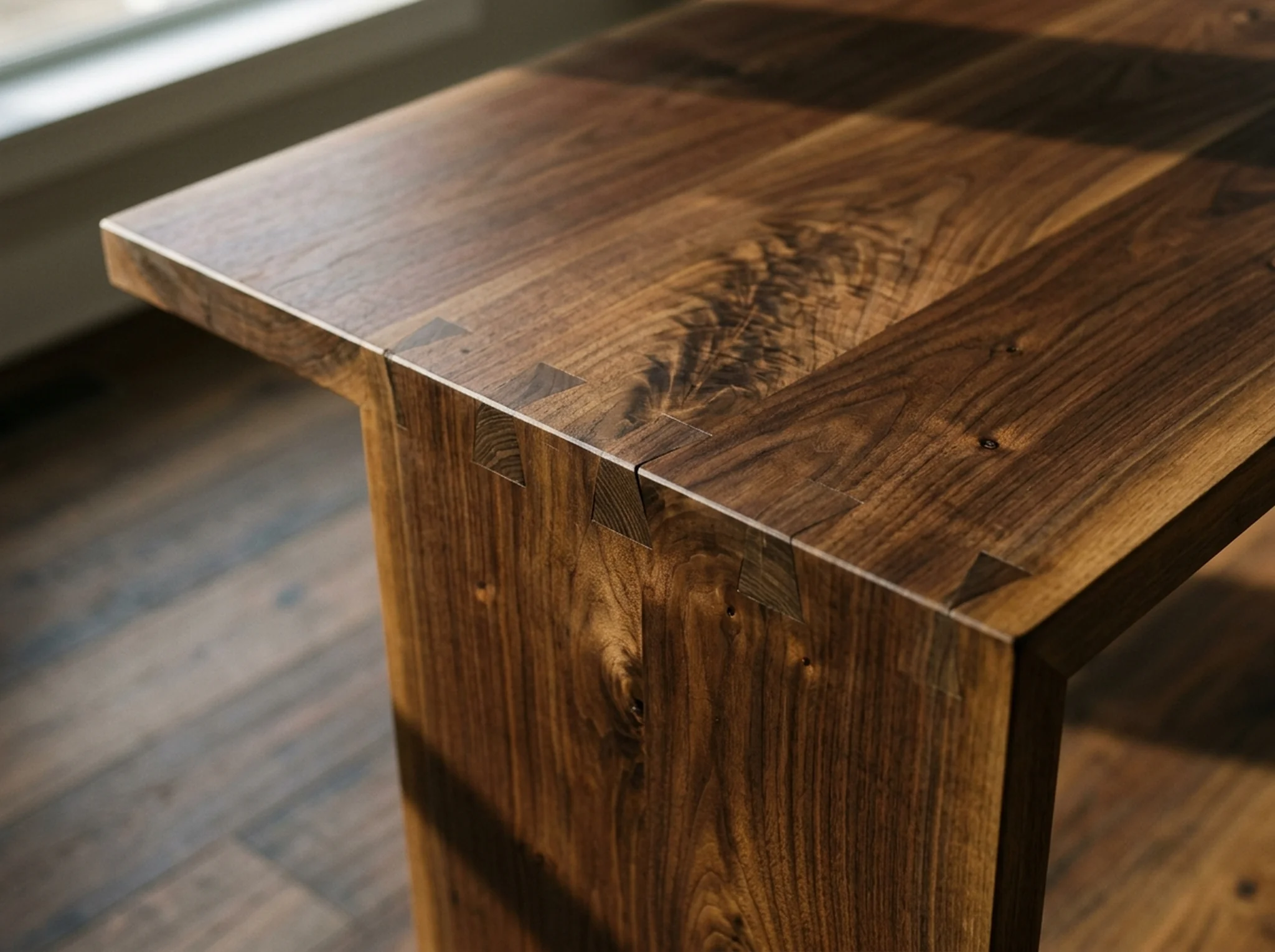 Macro detail of dovetail joinery on a Black Walnut work table corner — Fargo Woodworks