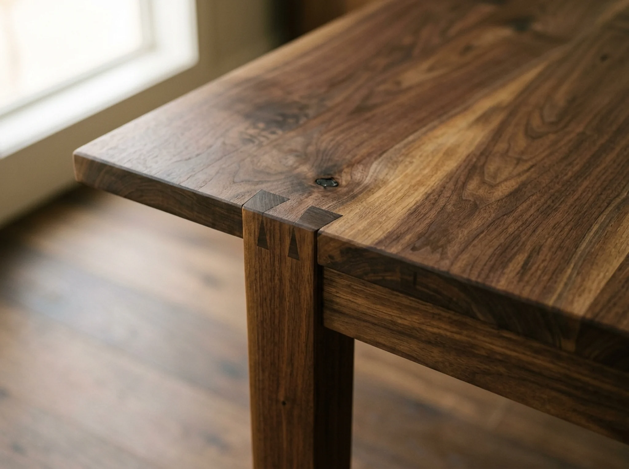 Macro detail of dovetail joinery and book-matched grain on a Black Walnut tabletop — Fargo Woodworks