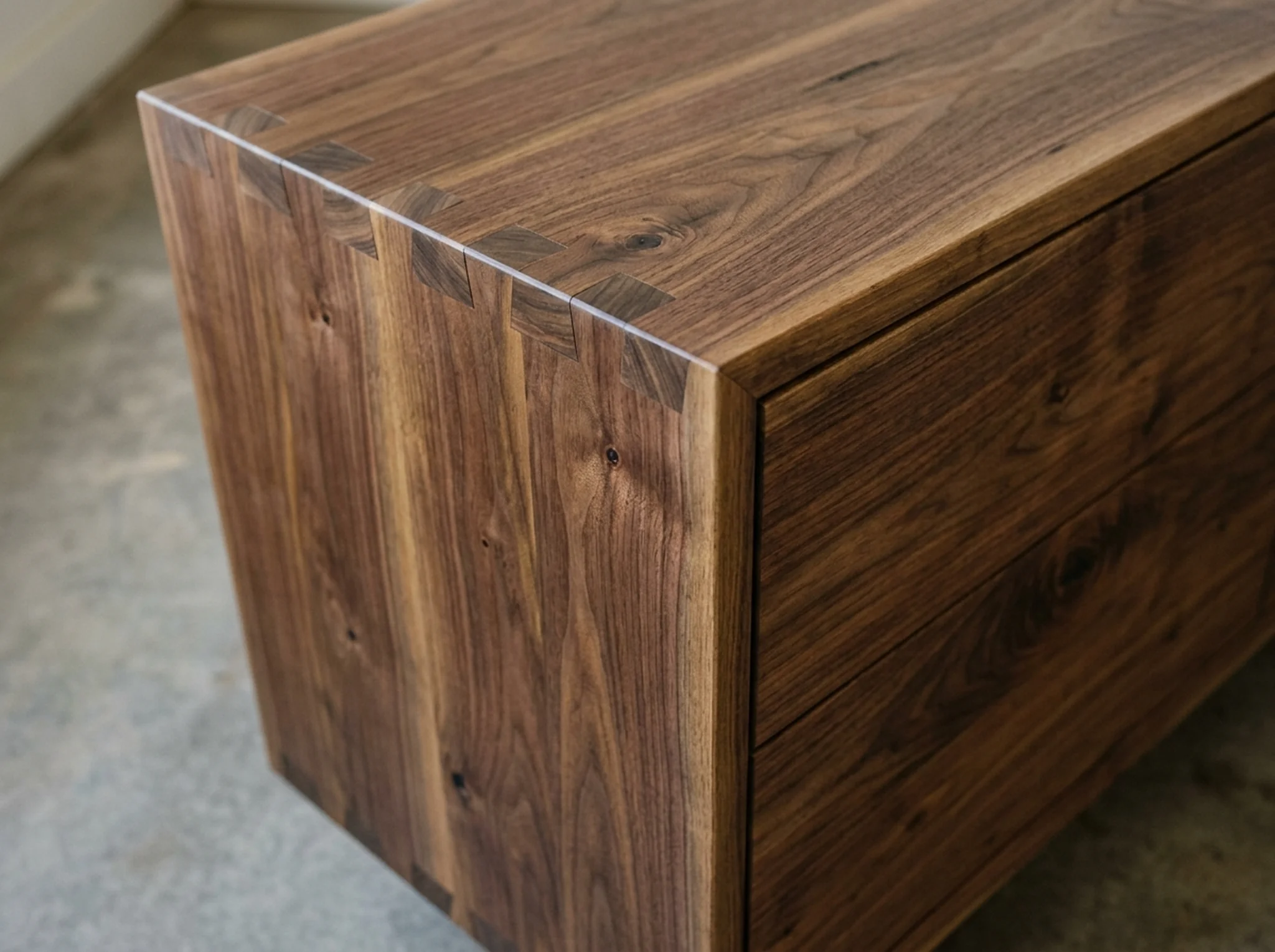 Macro detail of dovetail joinery on the corner of a Black Walnut credenza — Fargo Woodworks
