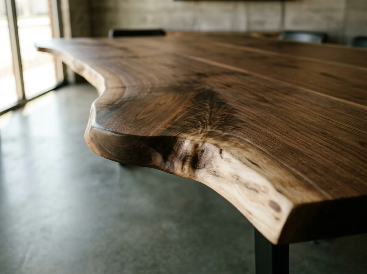 Macro detail of a finished Black Walnut LIVE EDGE conference table edge — Fargo Woodworks