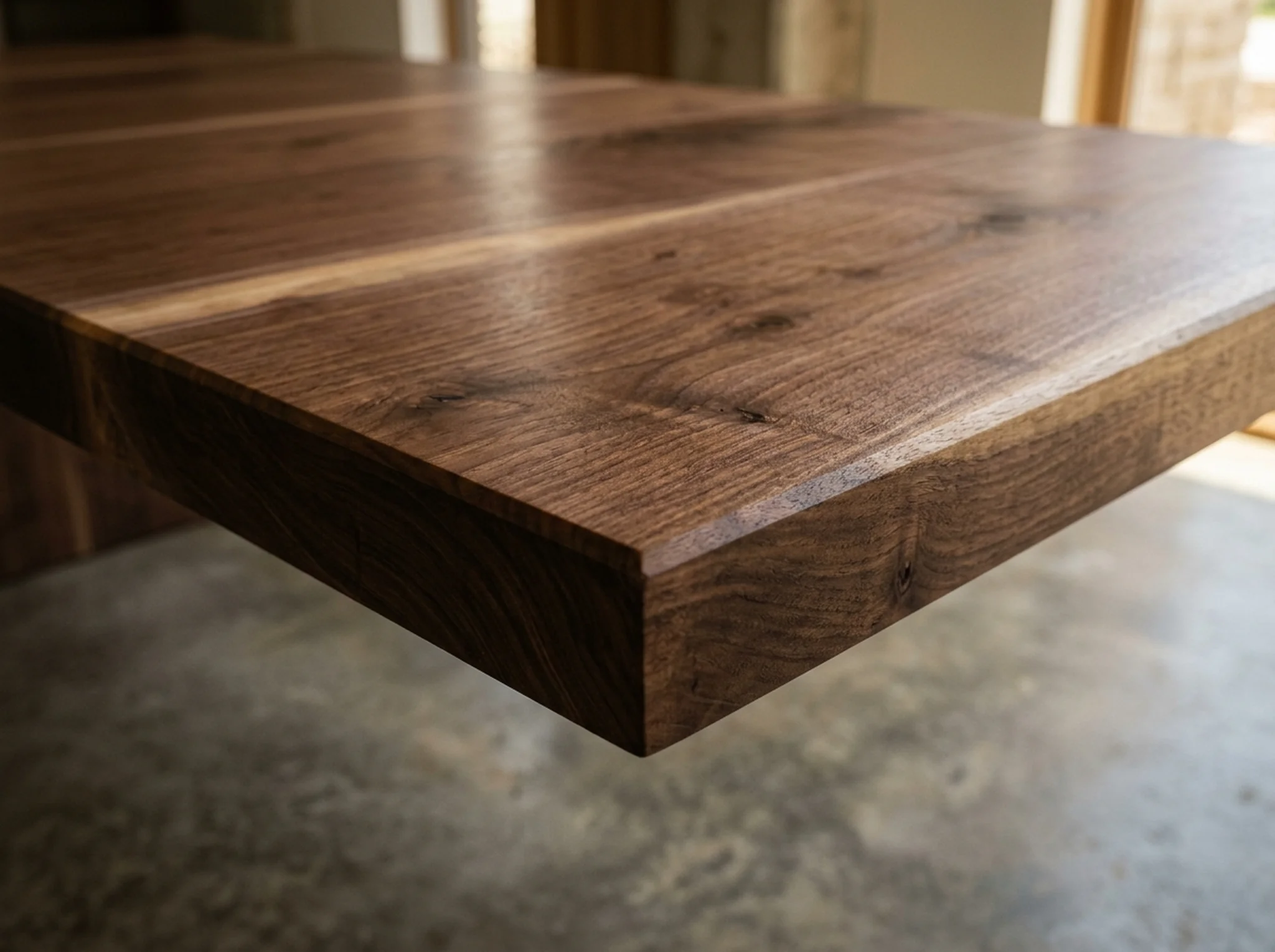 Macro detail of a rectangular Black Walnut tabletop edge with hand-rubbed clear oil finish — Fargo Woodworks