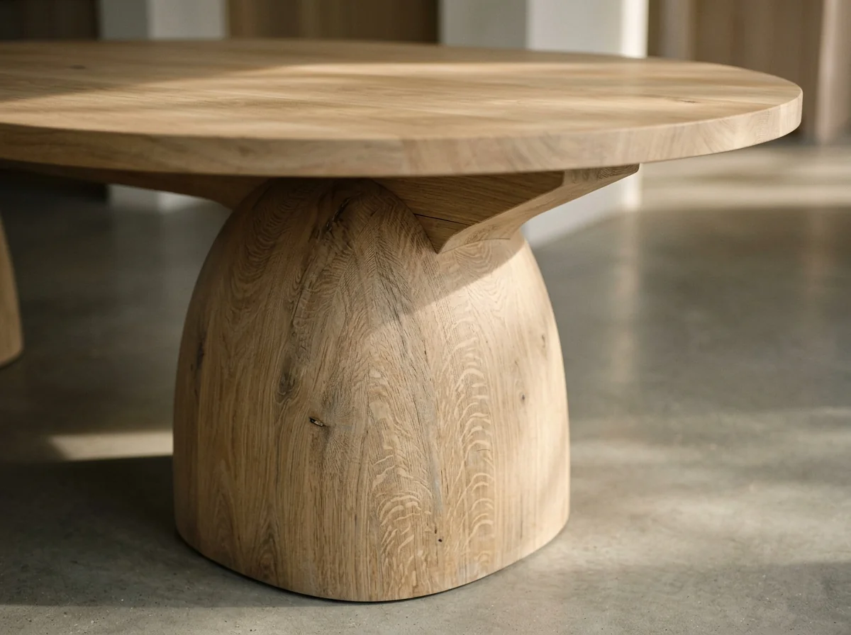 Macro detail of a sculptural White Oak pedestal base meeting a round dining tabletop — Fargo Woodworks