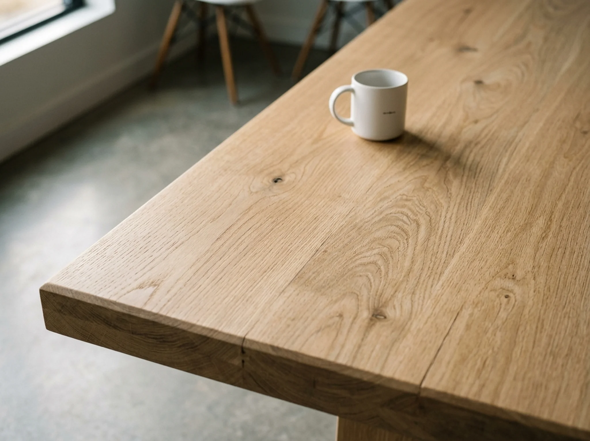 Macro detail of a smooth oiled White Oak conference table surface — Fargo Woodworks