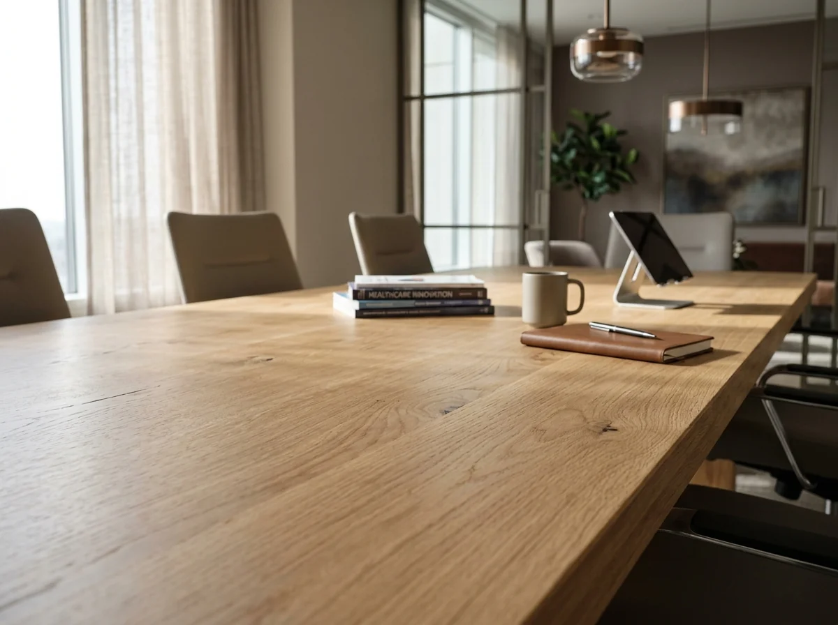 Macro detail of a smooth oiled White Oak conference table surface in a healthcare meeting room — Fargo Woodworks