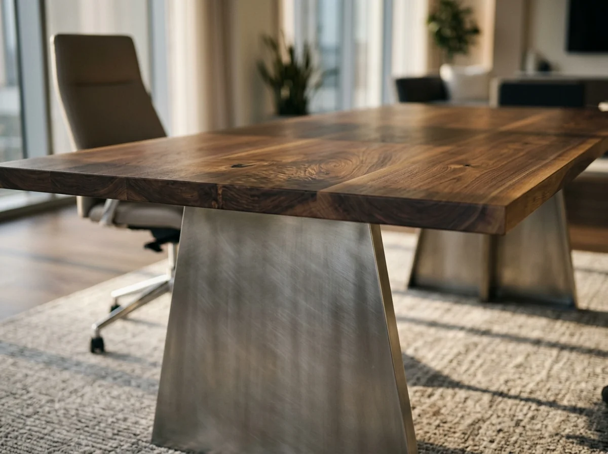 Macro detail of a trapezoid steel base on a Black Walnut conference table — Fargo Woodworks