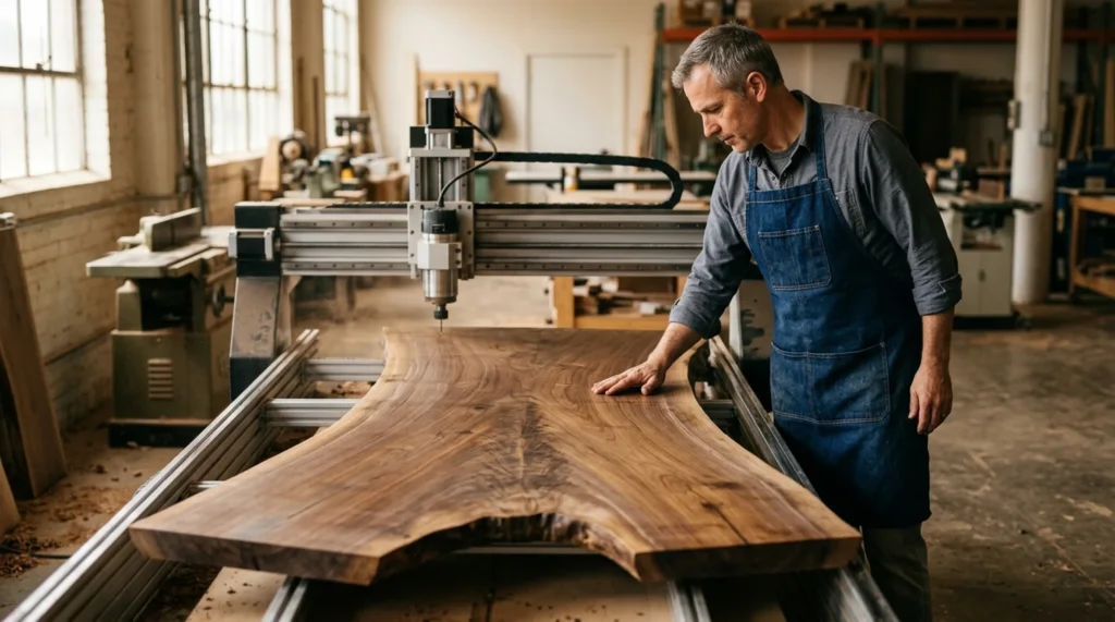 Master craftsman beside a long Black Walnut slab on a precision CNC router in a high-end woodworking studio — Fargo Woodworks