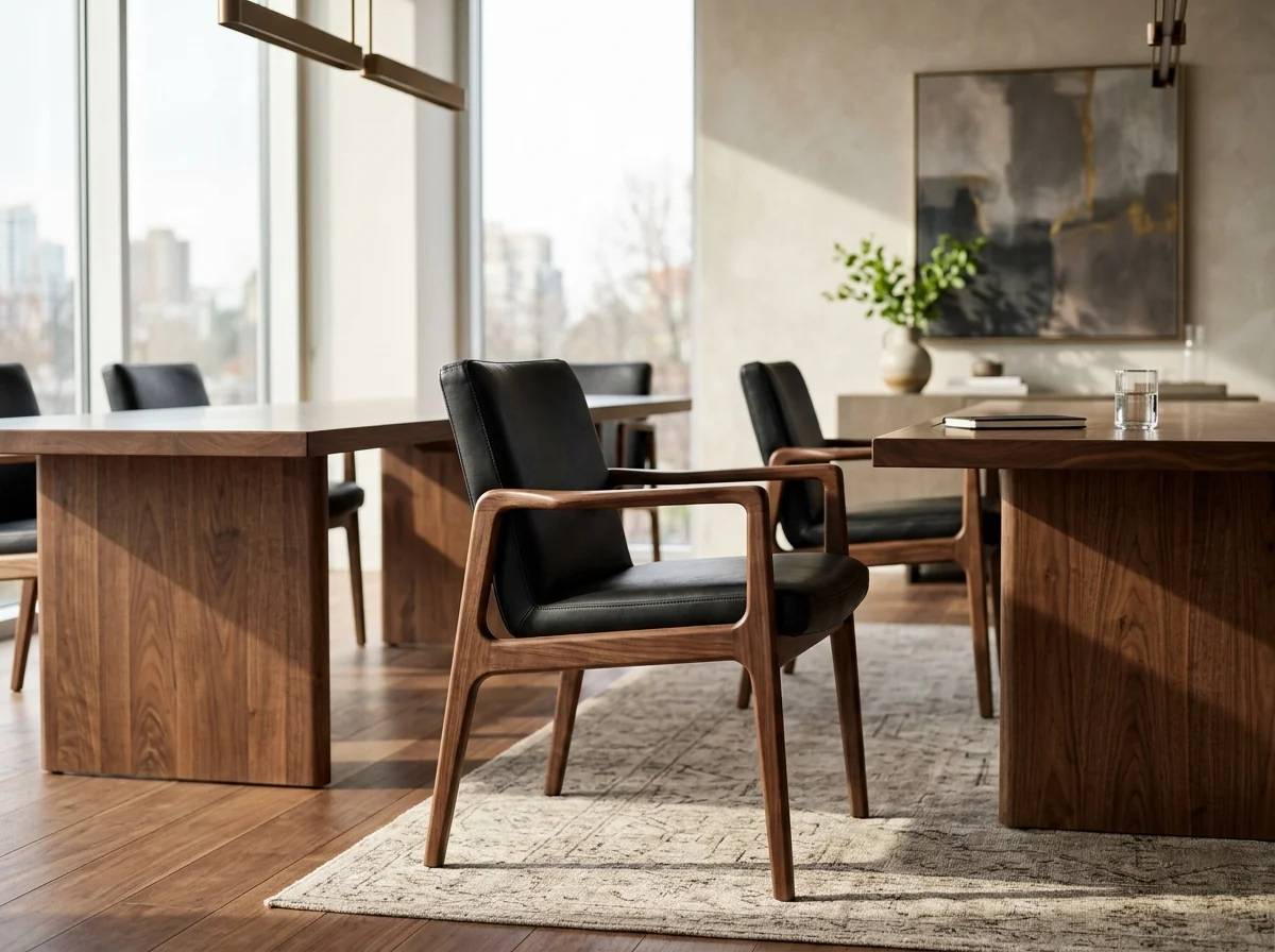 Mid-century walnut-and-leather conference chair in a sunlit boardroom — Fargo Woodworks