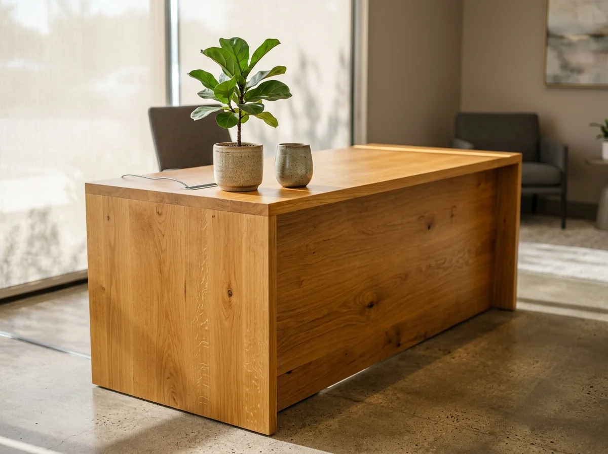 Minimalist White Oak reception desk with hidden cable management and a small fiddle-leaf plant — Fargo Woodworks