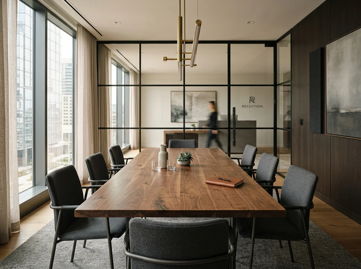 Modern Black Walnut conference room table in a beautifully designed meeting room — Fargo Woodworks